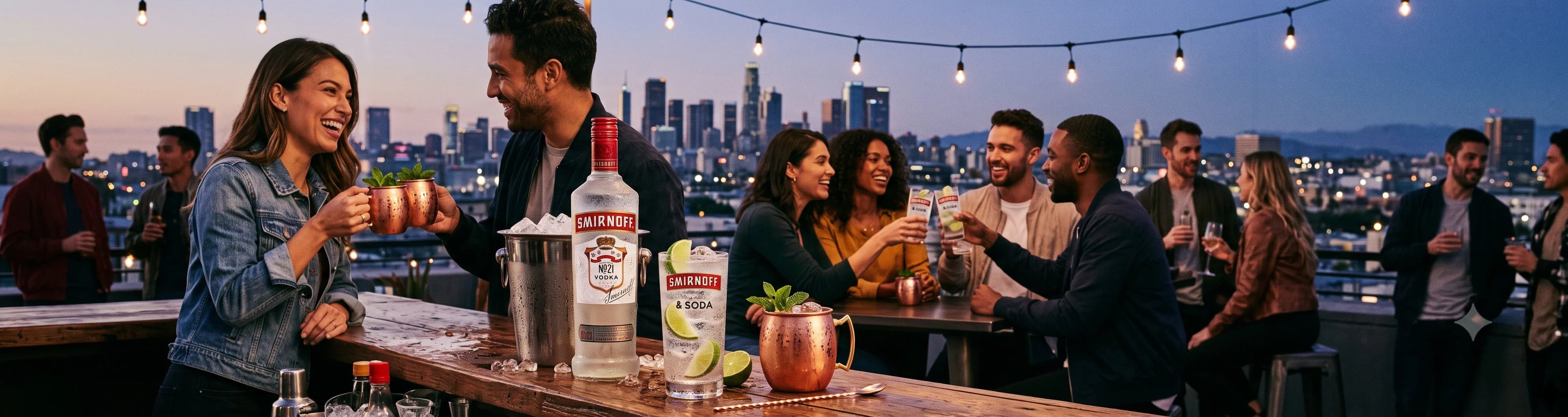 Ein filmisches Ultraweitwinkel-Panoramafoto, das den pulsierenden Lebensstil und die kristallklare Reinheit von Smirnoff Wodka einfängt.