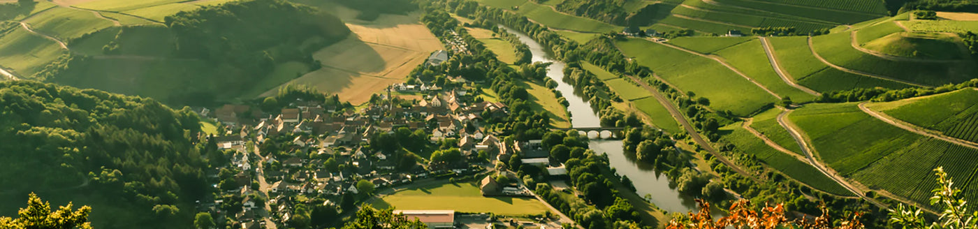 Ein Dorf und ein Fluss, umgeben von üppig grünen Feldern und Hügeln im Sonnenlicht.