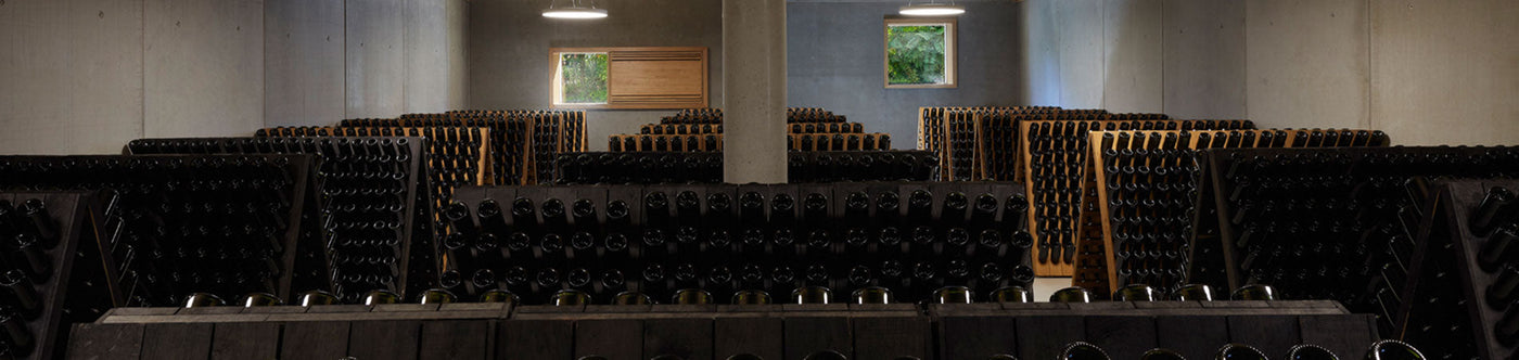 Sektkeller vom Weingut Bründlmayer mit gelagerten Flaschen in traditionellen Rüttelpulten zur Reifung