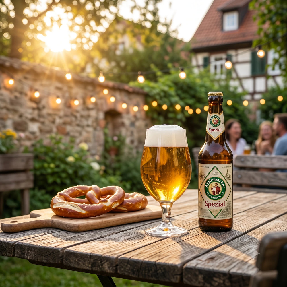 Alpirsbacher Spezial in Flasche und Glas auf einem Holztisch