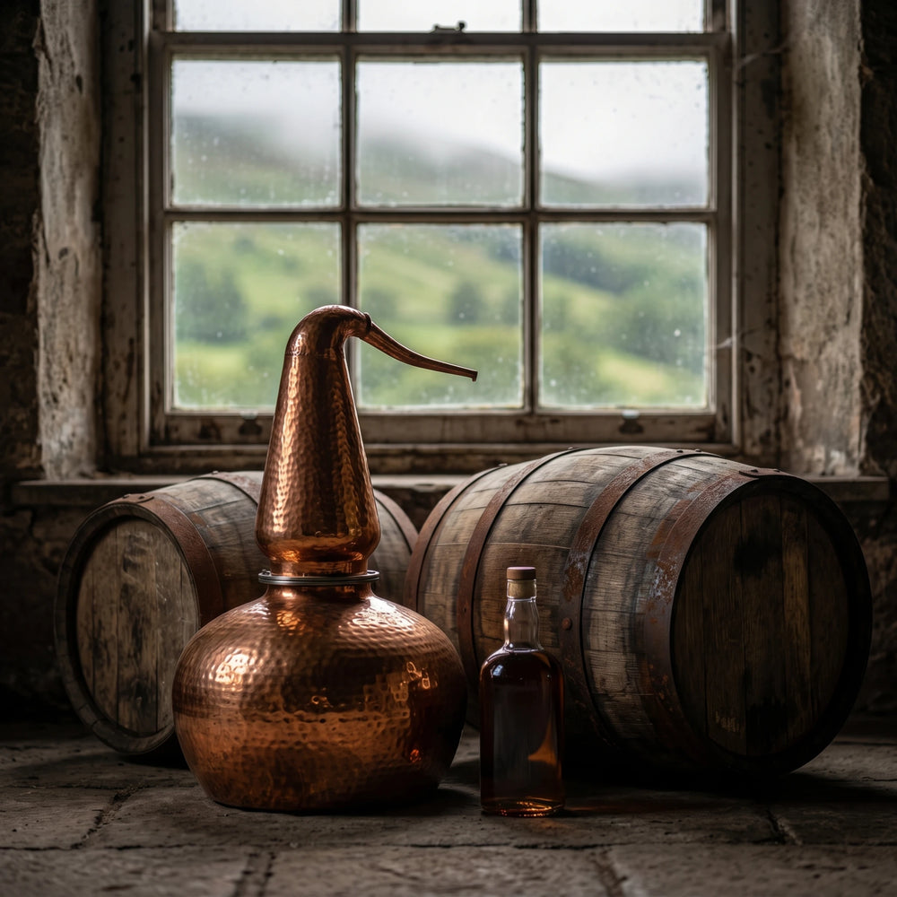 Edradour Whisky mit den ikonischen kleinen Brennblasen und Fässern