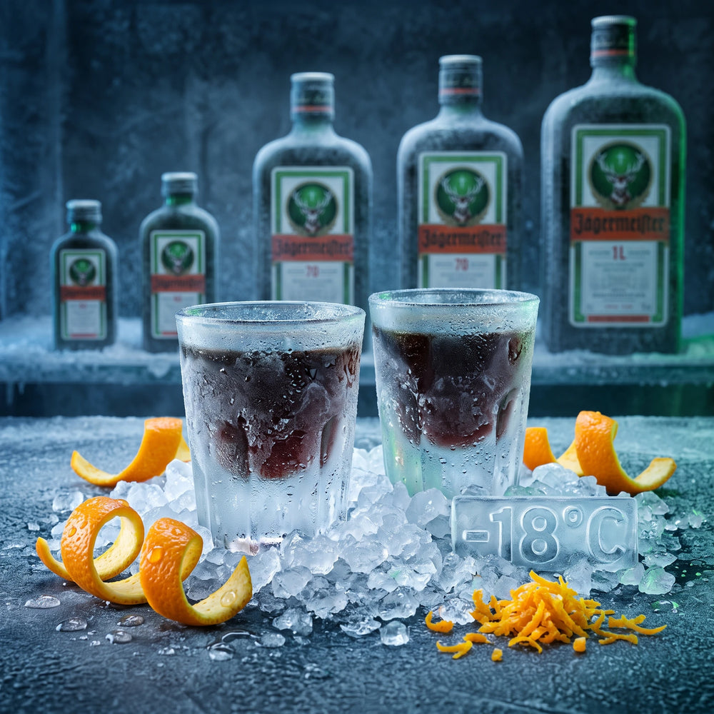 Jägermeister-laschen in verschiedenen Größen und zwei gefüllte Shot-Gläser