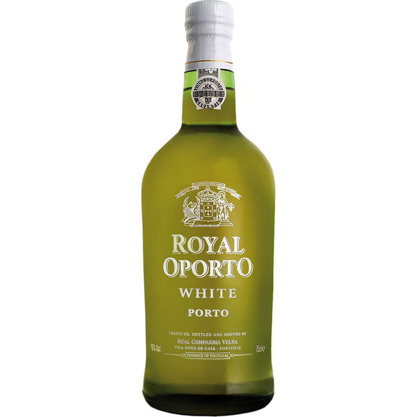 Eine grüne Flasche Royal Oporto White Port 19% 0,75 Liter, ein feiner weißer Port aus dem Douro-Tal, mit einem dekorativen Etikett und Siegel am Hals.