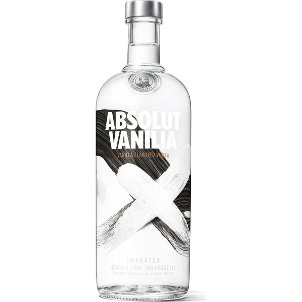 Absolut Vanilla 1 Liter von Absolut Vodka hat eine klare Flasche mit einem auffälligen schwarz-weißen Etikett, großem Text und einem gemalten X. Genießen Sie seinen sanften Vanillegeschmack und sein unverwechselbares Aussehen.