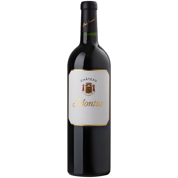 Eine Flasche Alain Brumont Château Montus Madiran AOC 2020 Rotwein mit einem weiß-goldenen Etikett auf schlichtem weißem Hintergrund, das diesen renommierten Tannat-Wein aus Südwestfrankreich präsentiert.
