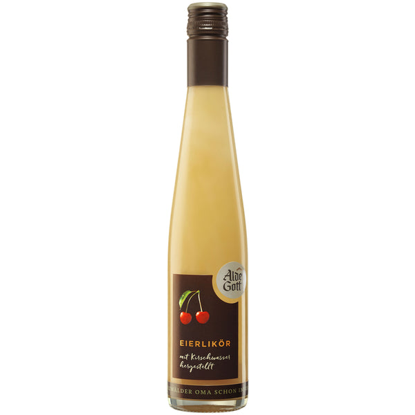 Alde Gott Eier-Kirschlikör 18% (0,35L) von Alde Gott Edelbrände Schwarzwald: ein gelber Dessertlikör in einer hohen Flasche mit Kirsche-Etikett und Goldkappe, inspiriert vom Schwarzwälder Kirschwasser.