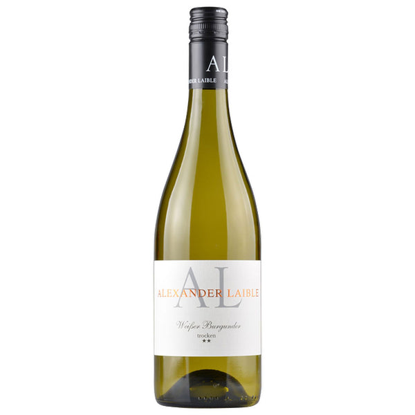 Eine Flasche Alexander Laible Weißer Burgunder 2* trocken 2025, ein deutscher Weißwein von Alexander Laible, mit weißem Etikett und schwarzem Schraubverschluss.