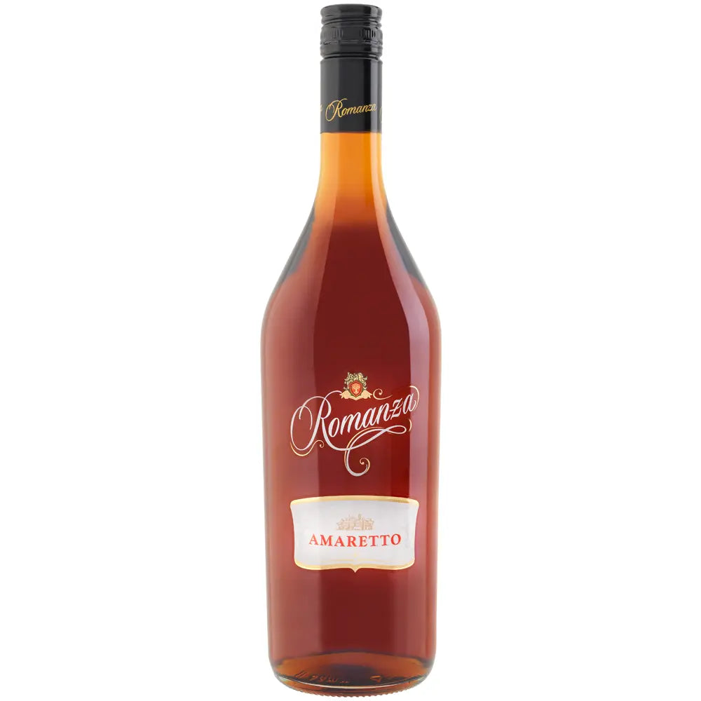 Bernsteinfarbener Amaretto Romanza 20 % in einer 1-Liter-Flasche mit schwarzem Schraubverschluss.