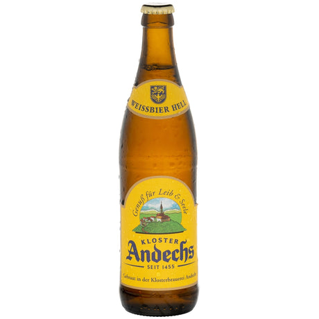 Eine braune Flasche „Andechser Weißbier Hell“ 20 x 0,5 Liter (MEHRWEG) aus dem Kloster Andechs, die sich durch ihr gelbes Etikett mit einer Abbildung des Klosters auszeichnet, ist ein Paradebeispiel für dieses klassische bayerische Hefeweizen.