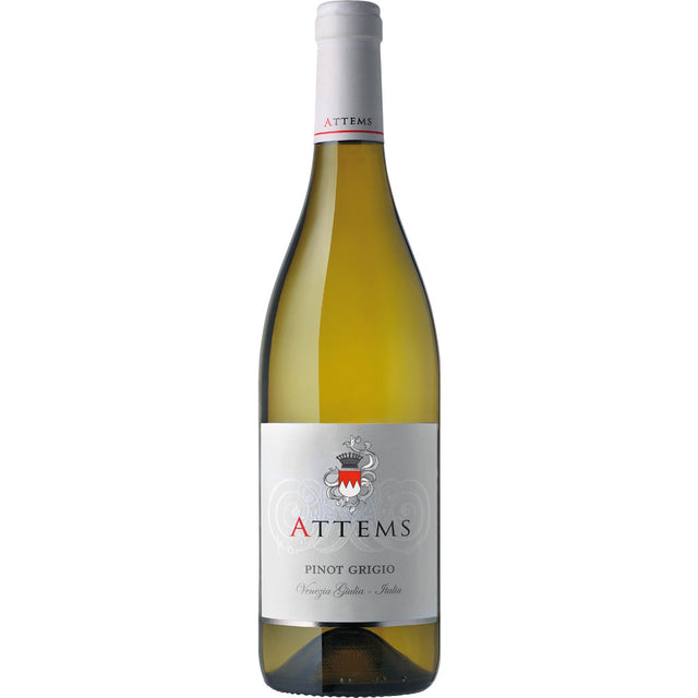 Eine Flasche Conti Attems Pinot Grigio Venezia Giulia IGT 2024, ein hochgelobter italienischer Weißwein aus dem renommierten Weingut Conti Attems.