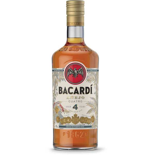 Bacardí 4 Jahre Añejo Cuatro Rum (40%, 0,7L) - karibischer Rum mit goldener Kapsel und dekorativem Etikett, 4 Jahre gereift - ideal für Liebhaber feiner Gold Rums.