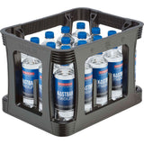 Eine schwarze Kiste mit zwanzig 0,5-Liter-Flaschen Bad Dürrheimer Kostbar Mineralwasser Medium PET (Einweg).