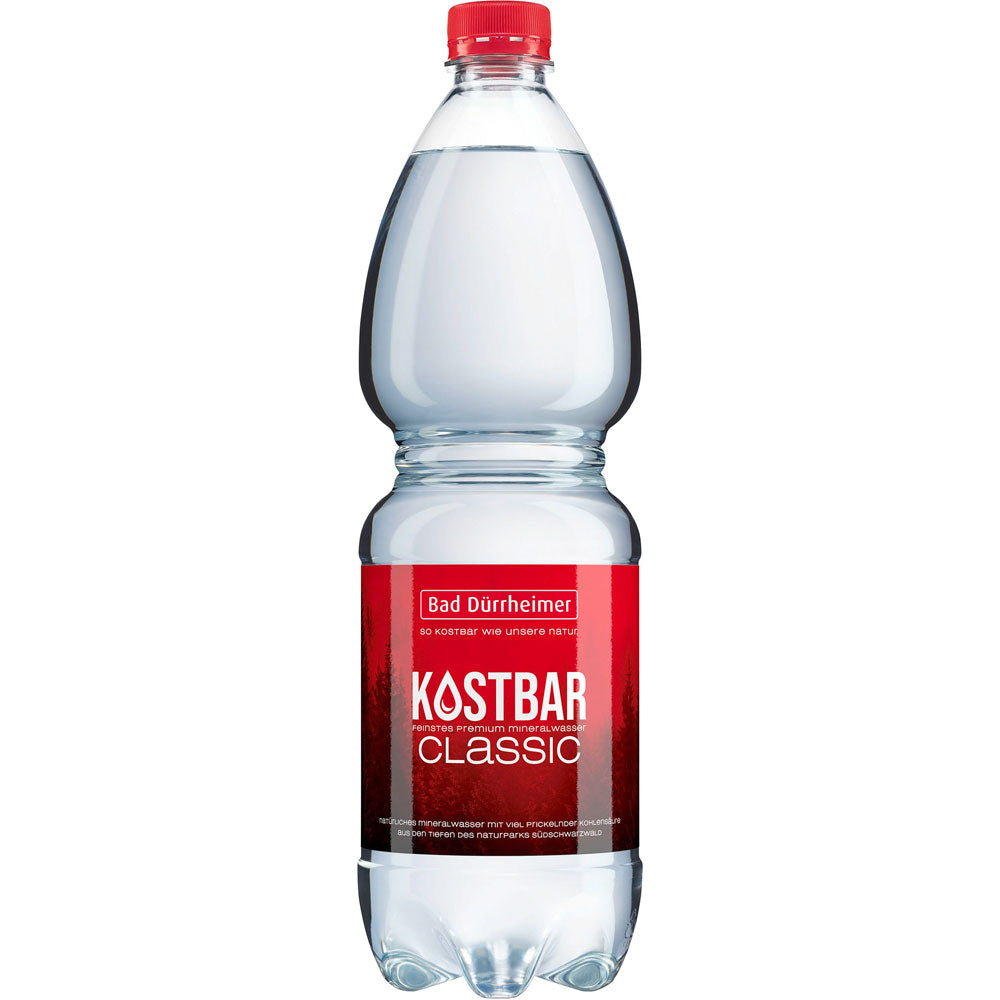 Eine 1L Flasche Bad Dürrheimer Kostbar Mineralwasser Classic PET (EINWEG), von der Schwarzwaldmarke Bad Dürrheimer. Erhältlich im 9er-Pack.