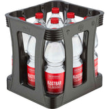 Eine Kiste mit neun 1L Bad Dürrheimer Kostbar Mineralwasser Classic PET Flaschen (Einweg) aus dem Schwarzwald.