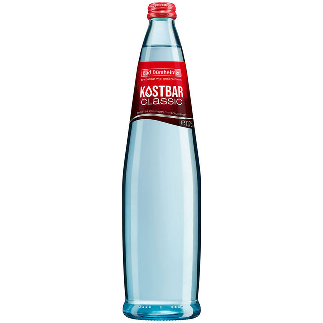 Eine hohe Glasflasche Bad Dürrheimer Kostbar Mineralwasser Classic Exklusiv (MEHRWEG), 0,75L, von der Marke Bad Dürrheimer.