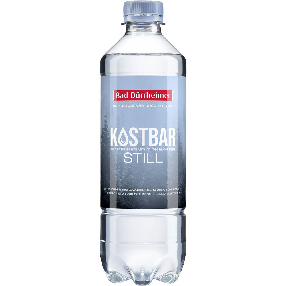 Eine klare PET-Flasche Bad Dürrheimer Kostbar Mineralwasser Still (0,5 l, Einweg) mit blau-weißem Etikett.