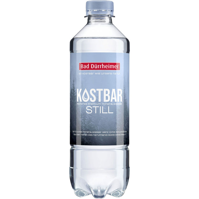 Eine klare PET-Flasche Bad Dürrheimer Kostbar Mineralwasser Still (0,5 l, Einweg) mit blau-weißem Etikett.
