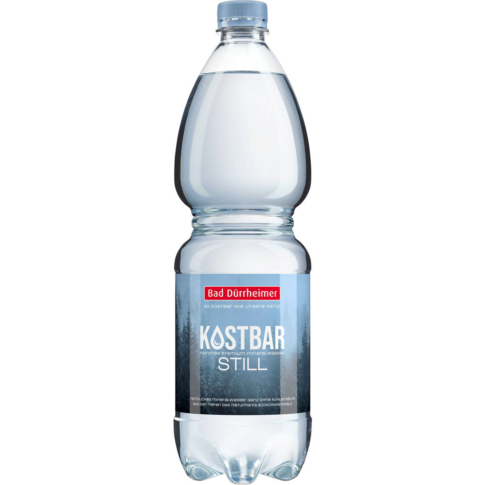 Eine 1L-PET-Flasche Bad Dürrheimer Kostbar Mineralwasser Still (9er-Pack, EINWEG) von Bad Dürrheimer mit hellblauem Verschluss und Etikett, gewonnen aus den Quellen von Schwarzwald Mineralwasser.