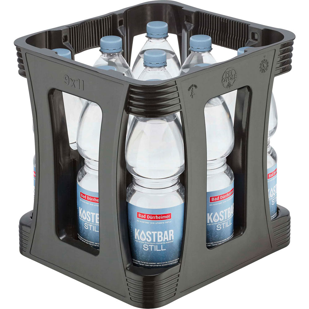 Neun 1-Liter-Flaschen Bad Dürrheimer Kostbar Stilles Mineralwasser in PET-Flaschen (EINWEG), verpackt in einer Kiste.
