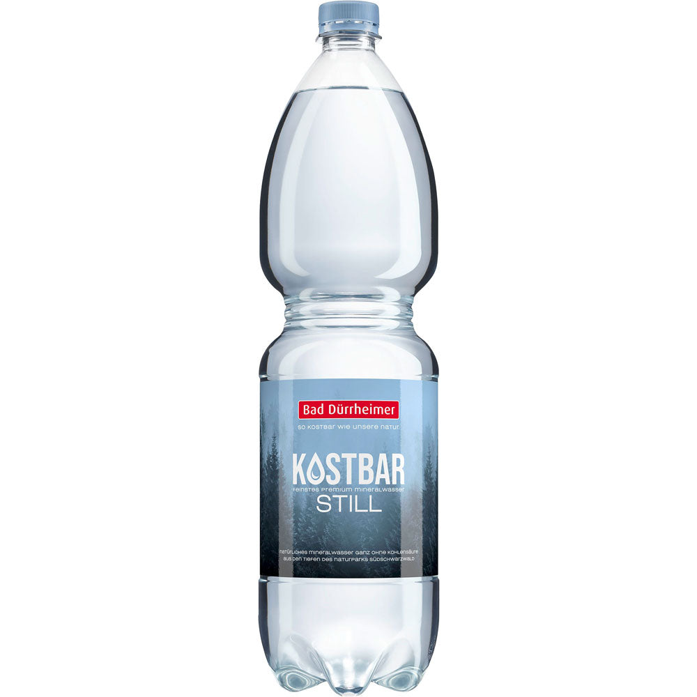 Eine klare PET-Flasche Bad Dürrheimer Kostbar Mineralwasser Still (6x1,5L, Einweg) mit blau-silbernem Etikett.