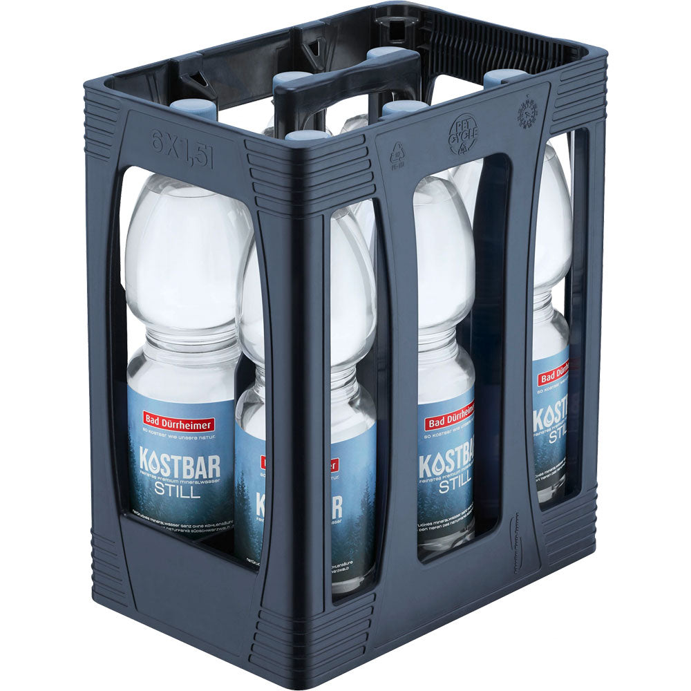 Eine Kiste Bad Dürrheimer Kostbar Mineralwasser Still PET (6x1,5L, EINWEG) bietet reines Bio-Mineralwasser zur natürlichen Erfrischung.