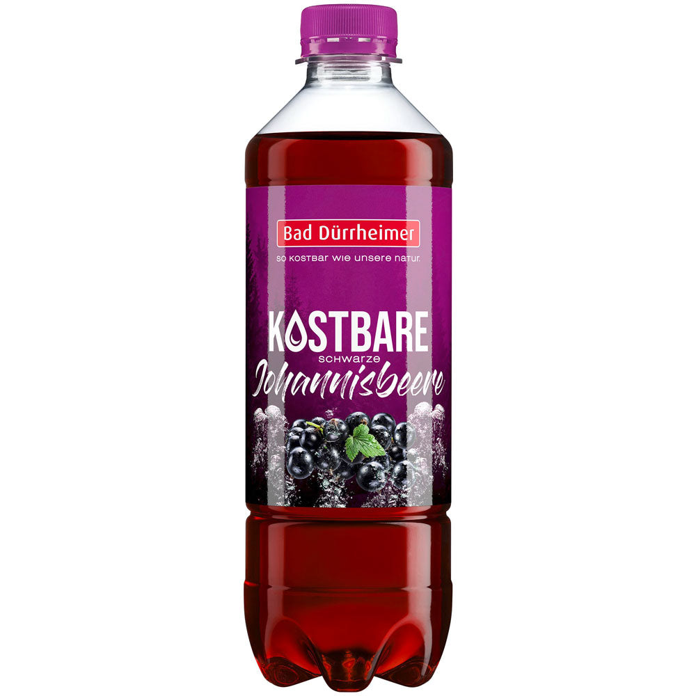 Bad Dürrheimer Kostbare Schwarze Johannisbeere PET 20x0,5L (Einweg)-ein erfrischendes Johannisbeer-Getränk in einer Kunststoffflasche mit lila Etikett, inspiriert vom Schwarzwald-Mineralwasser. Marke: Bad Dürrheimer.
