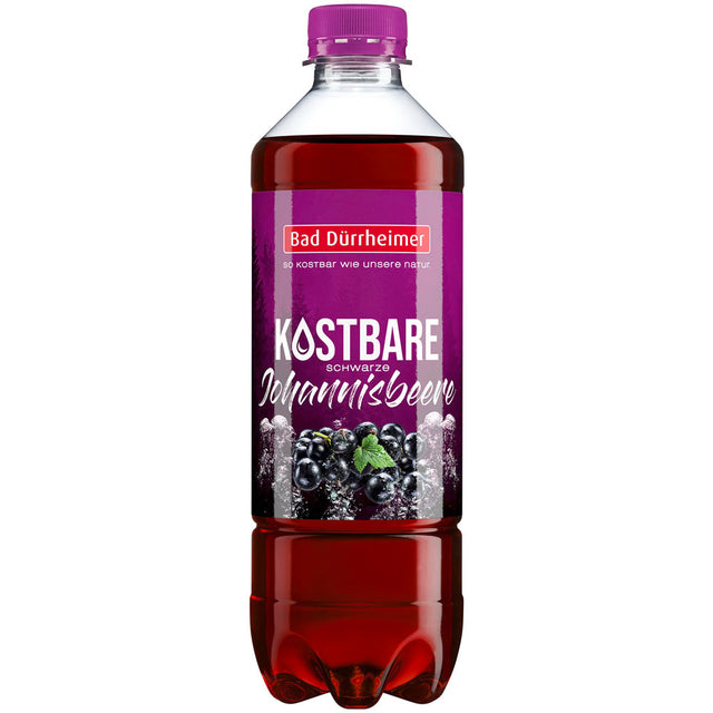 Bad Dürrheimer Kostbare Schwarze Johannisbeere PET 20x0,5L (Einweg)-ein erfrischendes Johannisbeer-Getränk in einer Kunststoffflasche mit lila Etikett, inspiriert vom Schwarzwald-Mineralwasser. Marke: Bad Dürrheimer.