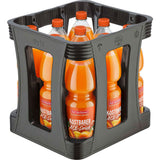 Eine schwarze Kiste enthält neun 1-Liter-PET-Flaschen Bad Dürrheimer Kostbarer ACE-Drink (EINWEG), jede Flasche mit einem leuchtend roten Verschluss.