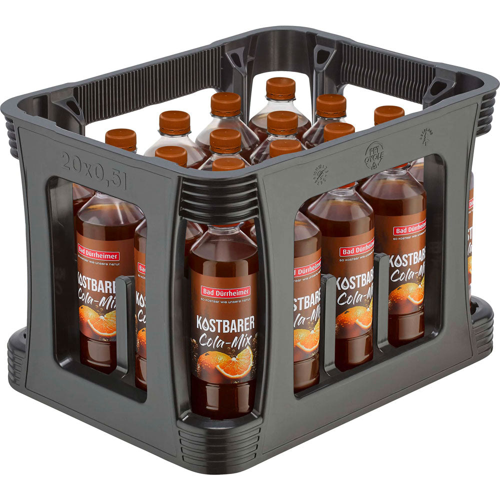 Eine Kiste mit zwanzig 0,5-Liter-Flaschen Bad Dürrheimer Kostbarer Cola-Mix PET (EINWEG), hergestellt von Bad Dürrheimer.