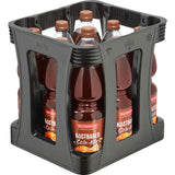 Eine schwarze Kiste mit neun 1-Liter-Flaschen Bad Dürrheimer Kostbarer Cola-Mix PET (9x1L EINWEG), ein koffeinhaltiges Erfrischungsgetränk mit Schwarzwälder Mineralwasser der Marke Bad Dürrheimer.