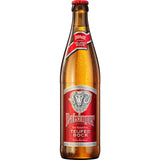 Baisinger Teufels Bock 0,5L Flasche mit rotem Etikett und Widderkopf-Logo, erhältlich im 20x0,5L Mehrweg-Pack.