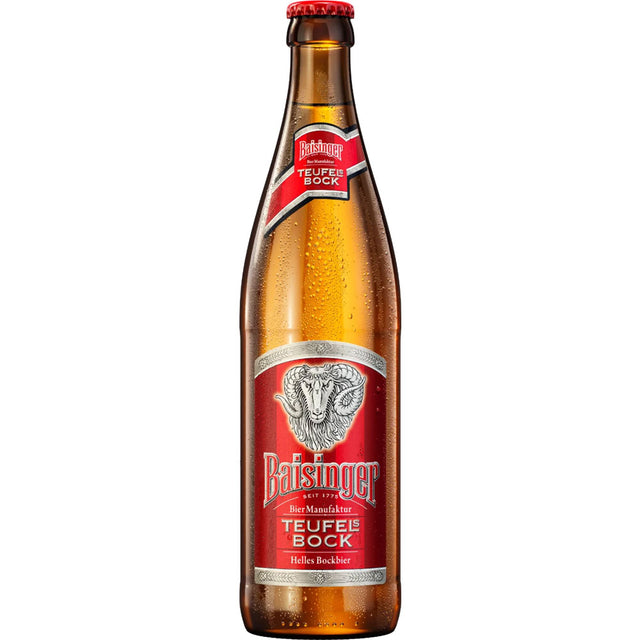 Baisinger Teufels Bock 0,5L Flasche mit rotem Etikett und Widderkopf-Logo, erhältlich im 20x0,5L Mehrweg-Pack.