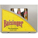 Eine Kiste Baisinger Teufels Bock 20x 0,5 Liter (Mehrweg) Bierflaschen mit einem gelben Etikett der Marke Baisinger, mit ihrem berühmten Helles Bockbier.