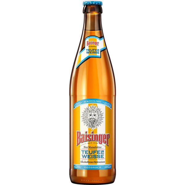 Eine Flasche Baisinger Teufels Weisse Hefeweizen alkoholfrei 20x 0,5 Liter, der Marke Baisinger, mit einem blau-gelben Etikett auf weißem Grund.