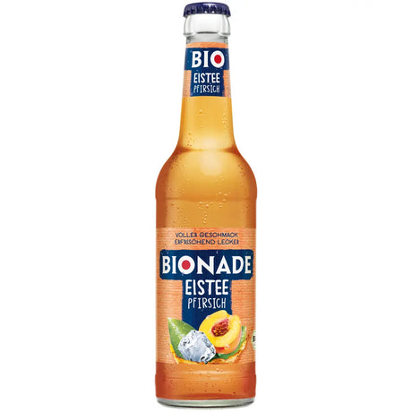 Glasflasche Bionade Eistee Pfirsich, 12 x 0,33 Liter (MEHRWEG), mit blauem Verschluss und Etikett.