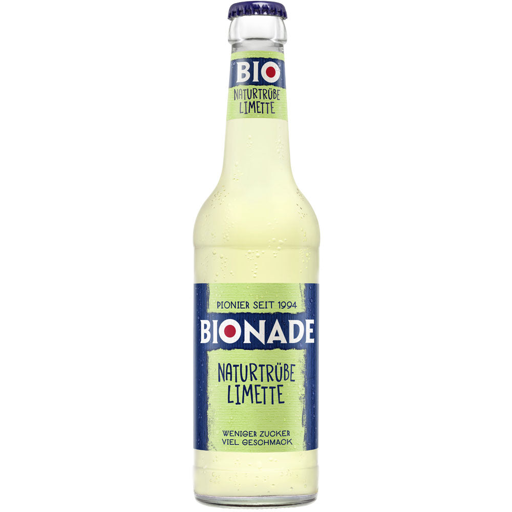Eine Bionade Naturtrübe Limette BIO 0,33L Mehrweg-Flasche mit blau-grünem Etikett bietet erfrischenden Limettengeschmack. Die Packung enthält 12 Flaschen der Marke Bionade.