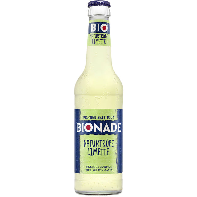Eine Bionade Naturtrübe Limette BIO 0,33L Mehrweg-Flasche mit blau-grünem Etikett bietet erfrischenden Limettengeschmack. Die Packung enthält 12 Flaschen der Marke Bionade.