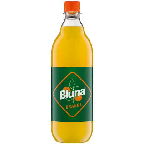 Bluna Orange PET 12x1L (MEHRWEG) von Bluna: Erfrischender Durstlöscher mit natürlichem Orangengeschmack, mit grünem Etikett und orangem Verschluss.