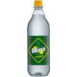 Eine klare PET-Flasche Bluna Zitrone Zitronenlimonade (12x1L MEHRWEG) aus Deutschland mit grünem Etikett und gelbem Verschluss.