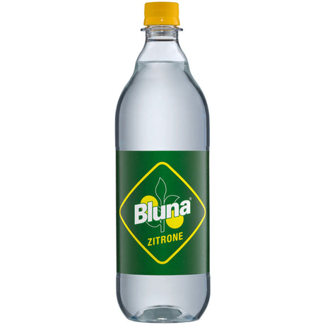 Eine klare PET-Flasche Bluna Zitrone Zitronenlimonade (12x1L MEHRWEG) aus Deutschland mit grünem Etikett und gelbem Verschluss.
