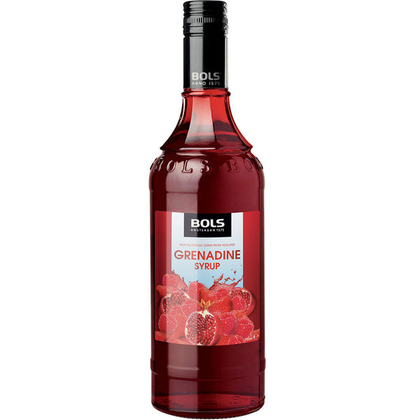 Eine 0,75-Liter-Flasche Bols Grenadine Sirup von Bols - ein alkoholfreier Fruchtsirup mit roter Farbe und einem Etikett, das Granatapfelsirup sowie Beeren abbildet.