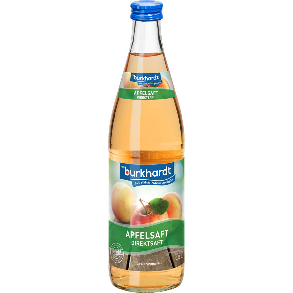 Eine 0,5L Mehrweg-Glasflasche Burkhardt Apfelsaft Direktsaft klar von Burkhardt Fruchtsäfte mit grünem Etikett und blauem Verschluss enthält reinen klaren Apfelsaft.
