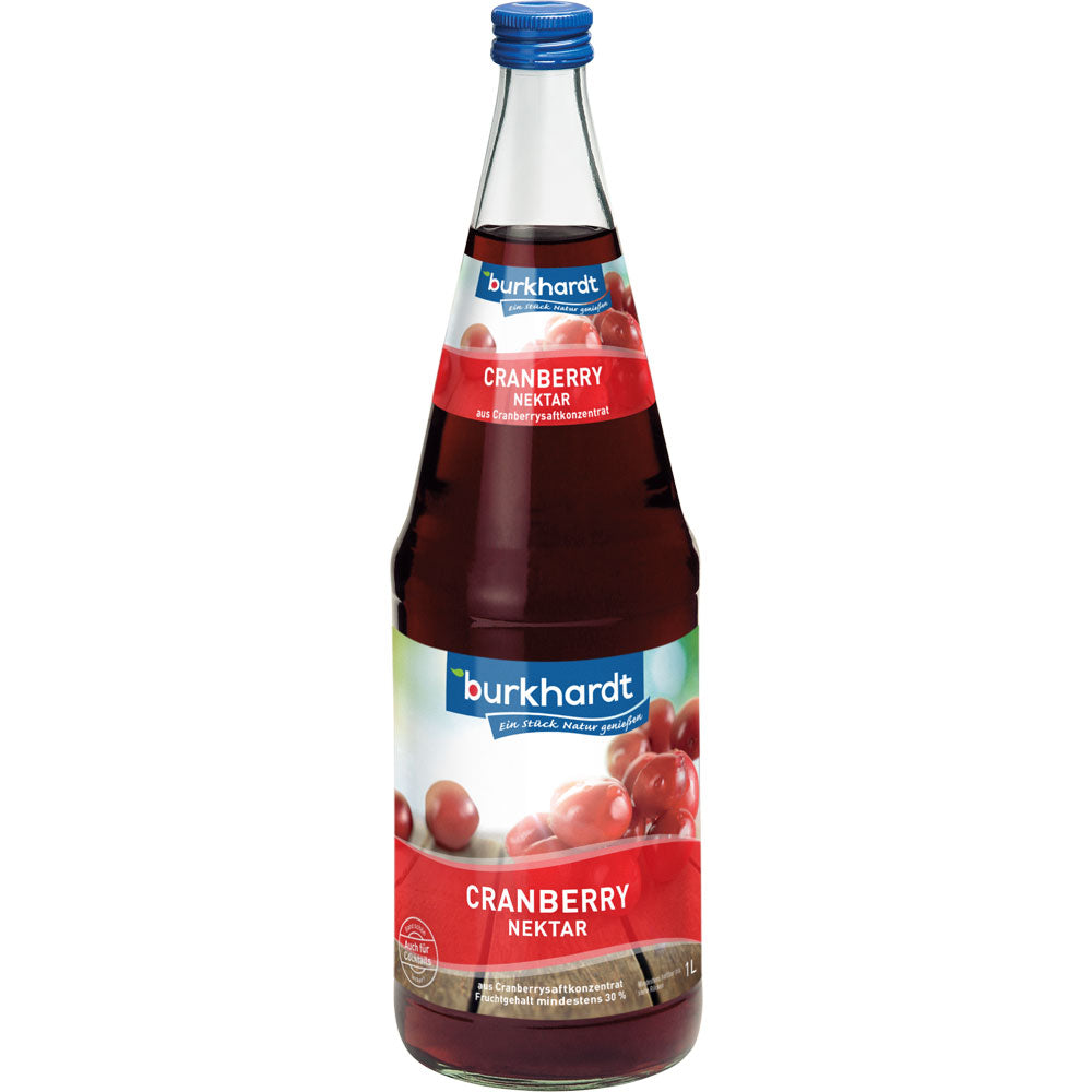 Burkhardt Fruchtsäfte Cranberry Nektar 6x1L (MEHRWEG) kommt in Glasflaschen mit blauem Verschluss und rotem Cranberry-Etikett daher und bietet einen erfrischend fruchtigen Geschmack.