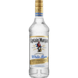Eine 1-Liter-Flasche Captain Morgan White Rum 37,5%, eine sanfte karibische Spirituose von Captain Morgan, mit einem goldenen Verschluss und einem bunten Etikett.