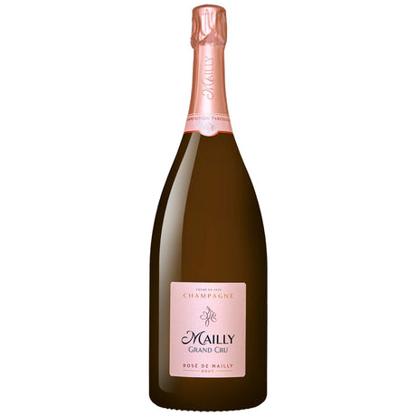 Eine Magnumflasche (1,5 l) Champagne Mailly Grand Cru Rosé de Mailly Brut mit rosa Etikett und Folie, hergestellt von Champagne Mailly.