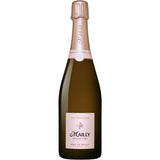 Eine 0,75-Liter-Flasche Champagne Mailly Grand Cru Rosé de Mailly Brut von Champagne Mailly, hergestellt nach der Saignée-Methode und verziert mit einem rosafarbenen Etikett und Folie am Hals.