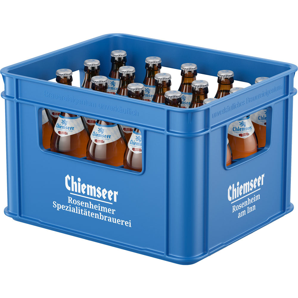 Blaue Kiste mit 20 Flaschen Chiemseer Hell 0,5L (Mehrweg), ein bayerisches Bier der Marke Chiemseer.