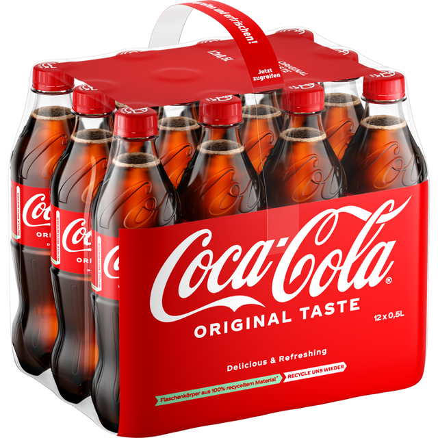 Ein 12er-Pack Coca-Cola Original Taste EW PET-Flaschen (12 x 0,5 l) mit dem klassischen roten Coca-Cola-Branding.