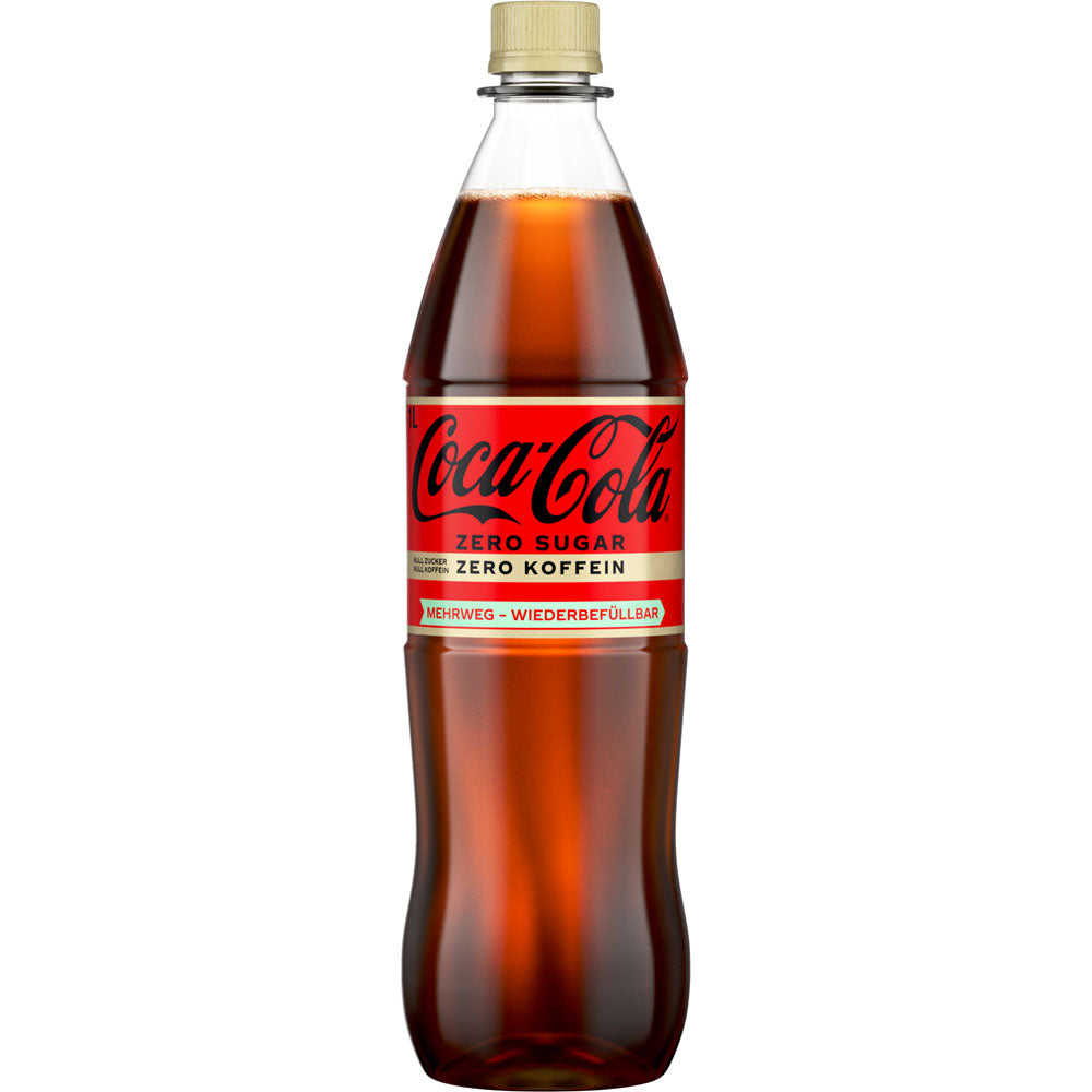 Eine 1-Liter-Mehrwegflasche Coca-Cola Zero Sugar Koffeinfrei von Coca-Cola mit beigem Deckel und rotem, deutschsprachigem Etikett - das ideale zuckerfreie Erfrischungsgetränk.