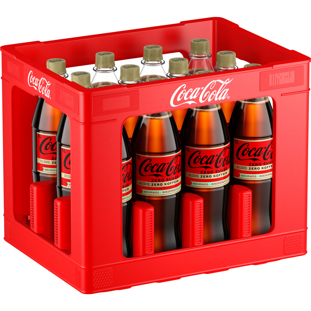 Roter Kasten mit zwölf 1L Coca-Cola Zero Sugar Koffeinfrei PET Flaschen (Mehrweg)-eine kalorienarme, zuckerfreie Erfrischung von Coca-Cola, ideal für jeden Anlass.
